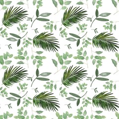 Fototapeta premium Seamless watercolor pattern featuring palm leaves combined with eucalyptus flowers, creating a fresh tropical botanical design in soft natural tones. 