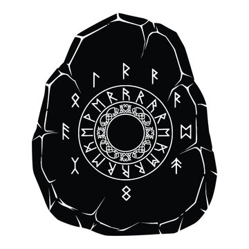 Rune Stone with Circular Pattern and Hieroglyphic Symbols on Black Background