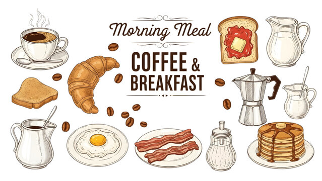 Vintage Hand Drawn Coffee and Breakfast Vector Set with Cafe Food and Drink Elements