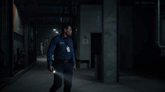 Security guard with flashlight patrols dark industrial facility.