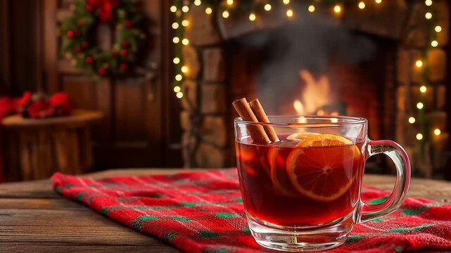 Festive mulled wine by the fireplace, perfect for cozy Christmas and winter holiday moments
