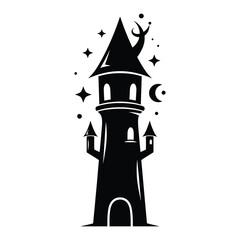 Whimsical Black Witch Tower Silhouette with Celestial Magic Details © Iqbal