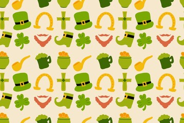Green St Patrick's Day background featuring a flat icon set with eco nature symbols and a tree sign illustration in a seamless design pattern