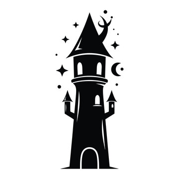 Whimsical Black Witch Tower Silhouette with Celestial Magic Details