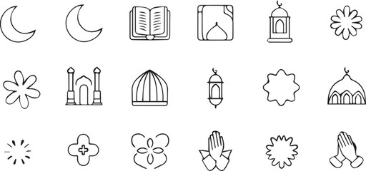 Fototapeta premium Islamic icon set — black and white grid of 20 minimalist symbols including mosque, Quran, prayer rug, lantern, crescent moon