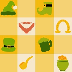 A vibrant St Patrick's Day icon set featuring a cartoon collection of holiday symbols like a lucky green hat alongside restaurant food