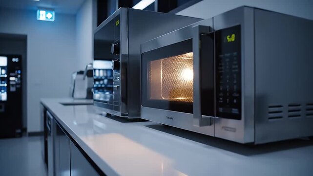 Modern Office Kitchen with Stainless Steel Microwaves Heating Food and Opening Door