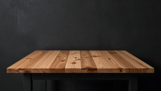 Wooden table stands against a dark gray wall providing a surface for product photography