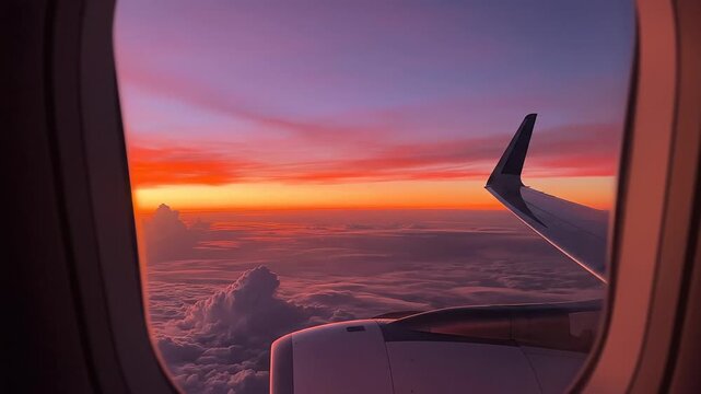 Airplane window view of vibrant sunset sky over clouds with wing and engine