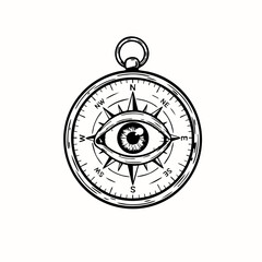 Surreal black and white illustration of a compass with an eye in the center. Symbolic concept of direction, awareness, intuition, guidance, and inner navigation. © Sona Ako