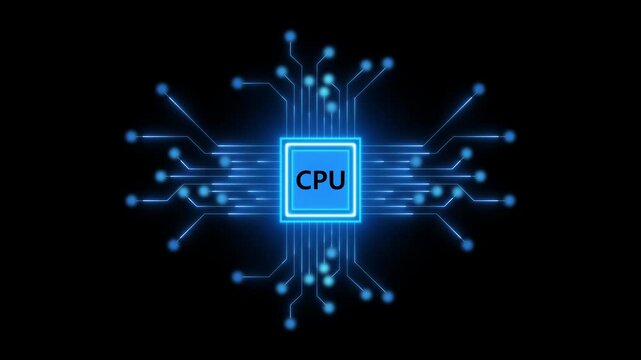 3d rendering cpu chip on dark blue background 4k motion video. isolated on transparent background.