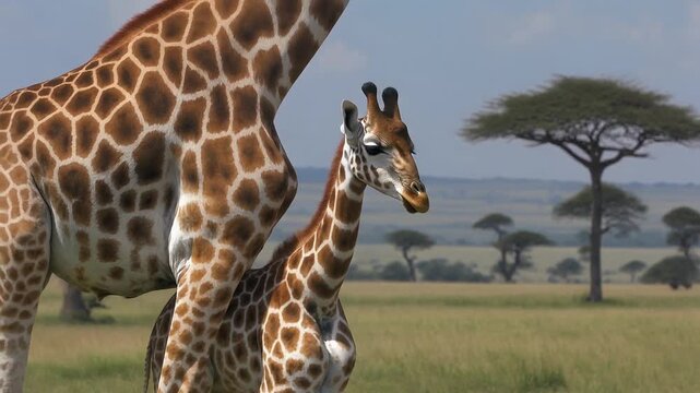 Giraffe mother with baby in the African Savanna, wildlife in natural habitat 3D Animation