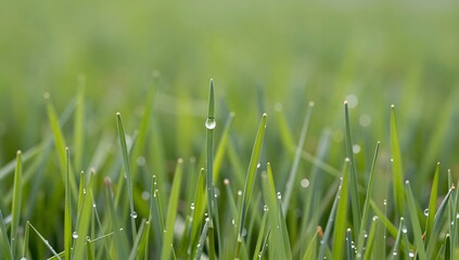 Obraz premium Lush green grass blades glistening with dewdrops in a tranquil field setting