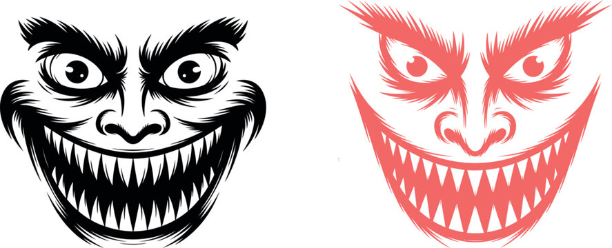 Two cartoon monster faces with sharp teeth and eyebrows