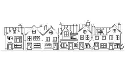 Obraz premium This illustration shows a row of residential houses representing suburban housing and neighborhood architecture.