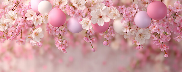 Floating cherry blossom petal backdrop with pastel spring balloons 32k ultra HD