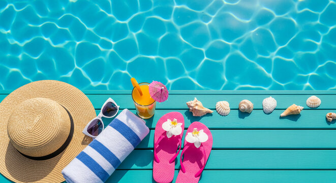 Overhead shot of summer accessories near pool water, reflecting sunlight, representing vacation, relaxation, and beach lifestyle for holiday concepts