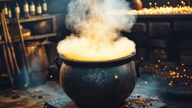 Closeup view of an old rusty witch's cauldron releasing steam in a dimly lit space, A close-up view of a large, old and rusty witch's cauldron brewing up a witch's magic potion