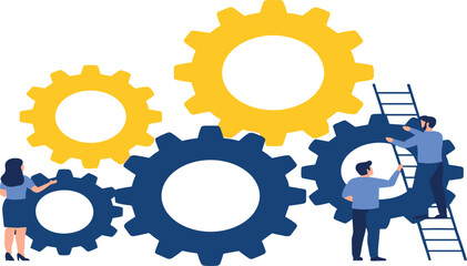 Business Teamwork and Process Management Concept Vector Illustration with Gears, Collaboration, Workflow Optimization, and Corporate Strategy Design