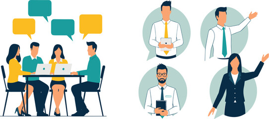 Business Team Discussion and Professional Communication Concept with Office Meeting, Corporate Collaboration, Leadership Characters, and Speech Bubble Illustration Vector Design