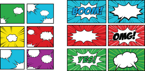 Comic Book Pop Art Explosion and Speech Bubble Panel Set with Colorful Halftone Backgrounds, Boom, Yes, Omg Text, and Blank Frames