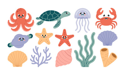 Colorful seashells and cute sea creatures vector bundle isolated on white, easily editable. 