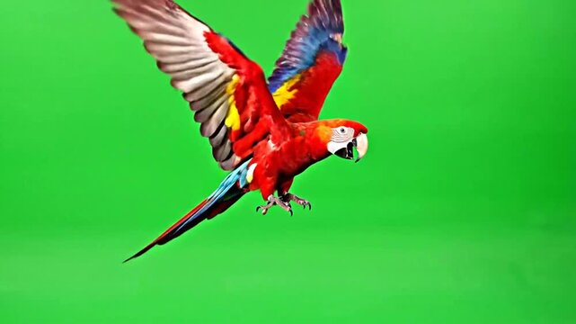 Scarlet macaw in flight against a green screen background