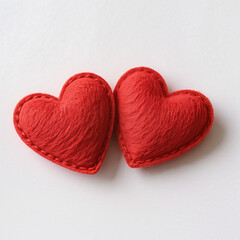 Two red wool felt hearts isolated on white background for Valentine's Day greeting card design and romantic love concept with soft textile texture and handmade craft style