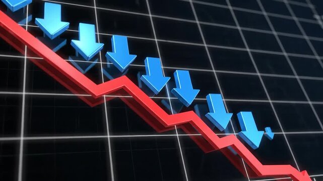 Economic downturn financial loss graph with falling arrows on grid
