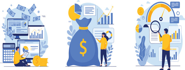 Financial Analytics and Profit Growth Concept Vector Illustration with Money Bag, Data Charts, Investment Analysis, and Business Performance Dashboard Design