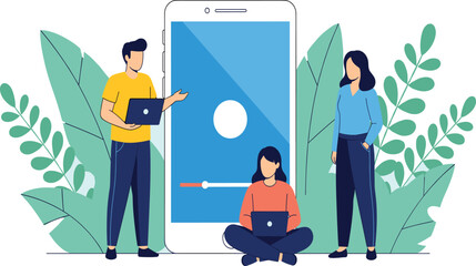 Mobile App Development and User Interface Design Illustration with Team Collaboration, Smartphone Screen, Creative Workflow, and Modern Flat Vector Concept