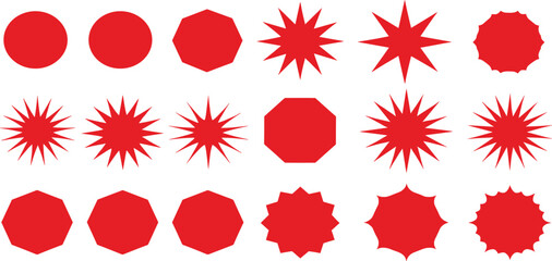 Red Starburst and Badge Shape Icon Set with Burst, Explosion, Label, and Sale Sticker Elements for Promotional and Graphic Design Use
