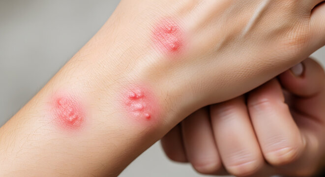 Close up of a person's wrist with multiple red inflamed insect bites or bumps skin