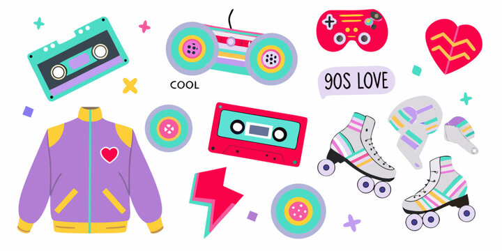 A colorful collection of nostalgic 1990s themed objects and designs
