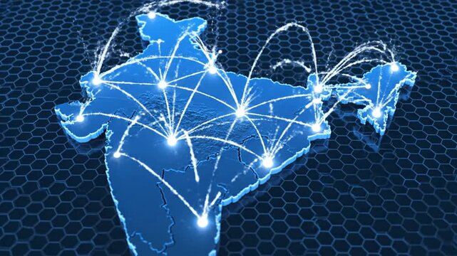 Abstract illustration of india map with network connections and glowing nodes