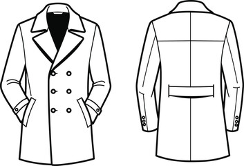 Elegant Double-Breasted Trench Coat for Men and Women, Stylish Outerwear with Lapel Collar, Long Sleeve Fashionable Urban Coat Vector Illustration