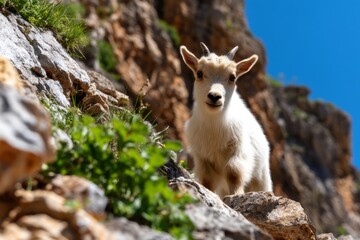 Obraz premium Goat Standing Still on Steep Rocky Slope with Clear Blue Sky Above