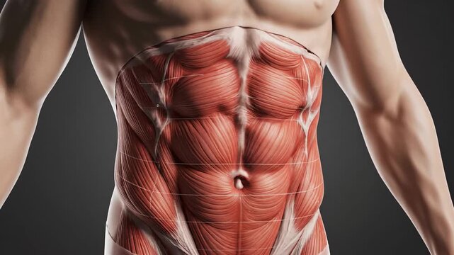 Anatomical 3D animation of human abdominal muscles, showing layers of muscle and fat.