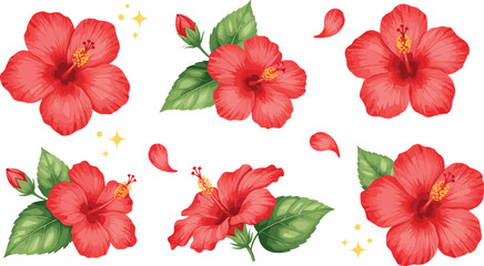 Watercolor red hibiscus flower set with tropical leaves, petals and botanical elements for summer floral design © sahajahan