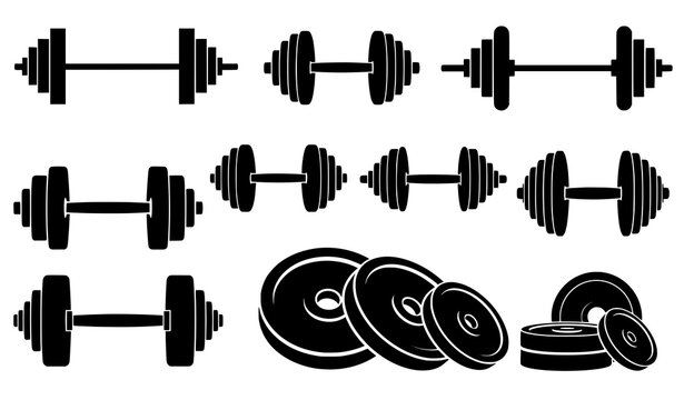 Fitness weights silhouette vector icon pack solid black barbell dumbbell gym equipment isolated on transparent background