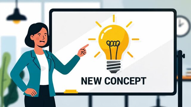 Businesswoman points to bright lightbulb idea on whiteboard presenting innovation and creativity in modern office setting