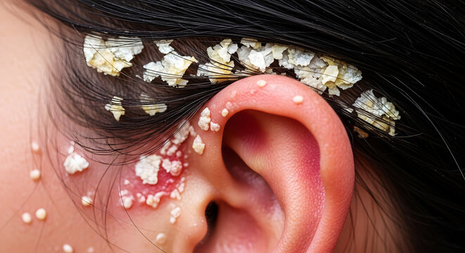 Close-up of a human ear and hair with visible flakes of dandruff and skin irritation image photo