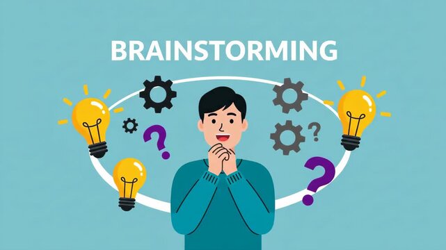 Young man contemplating ideas with glowing lightbulbs spinning gears and question marks surrounding his head symbolizing brainstorming innovation and problem solving in a creative concept animation