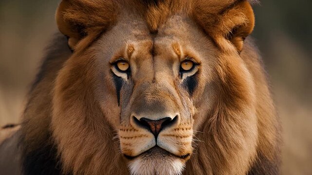 Close up Male Lion Portrait with Majestic Mane and Intense Golden Eyes