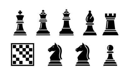 Chess icon vector collection solid black chess pieces and board silhouettes isolated on transparent background © MdAshik
