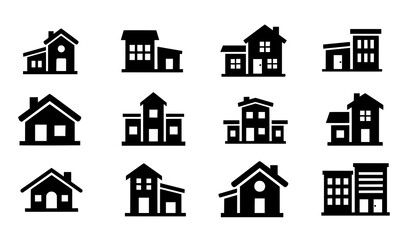 Residential housing silhouette vector icon pack flat homes isolated on transparent background © MdAshik