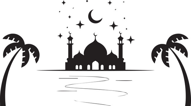 A vector illustration of a mosque silhouette at night with domes and towers forming a peaceful city skyline in India