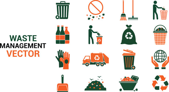 Comprehensive vector icon set illustrating various aspects of waste management and recycling