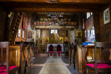 Naklejka premium Wooden church interior in Lutowiska, Podkarpackie Voivodeship, Poland