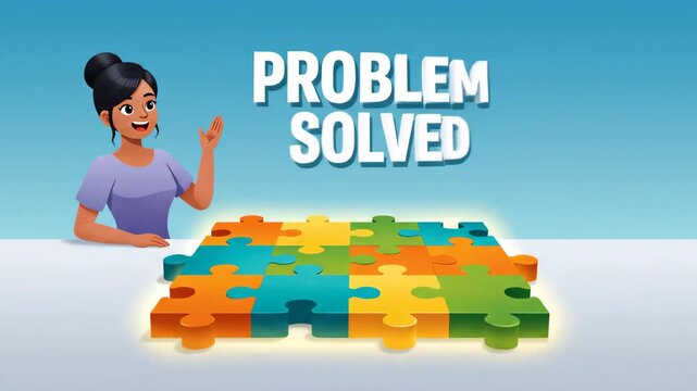 Animated girl assembling colorful puzzle pieces with explosive connection and floating elements representing teamwork and problem solving